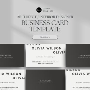 May include: A black and white business card template for an architect or interior designer. The template features the text "Olivia Wilson" and the title "architect & interior designer". The card also includes a phone number, email address, and website address.