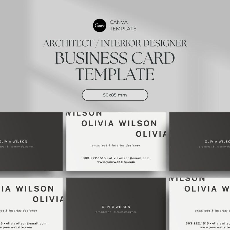 May include: A black and white business card template for an architect or interior designer. The template features the text "Olivia Wilson" and the title "architect & interior designer". The card also includes a phone number, email address, and website address.
