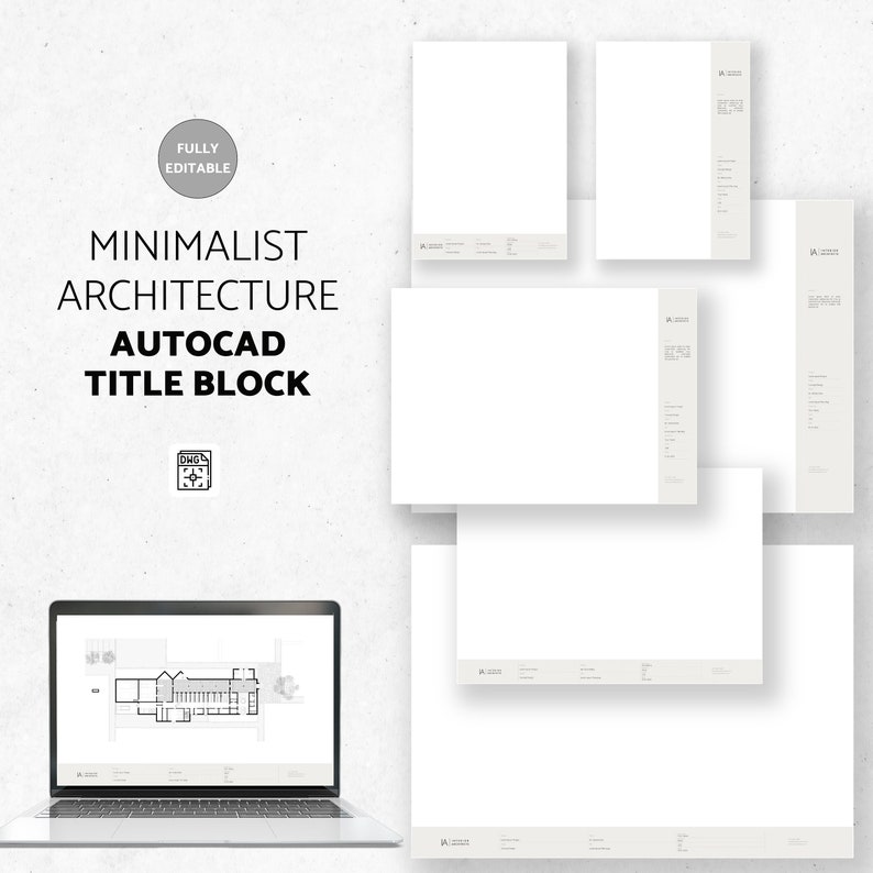 May include: A digital illustration of a minimalist architectural title block for AutoCAD. The title block is white with gray text and lines. The title block is fully editable.
