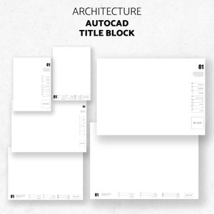 May include: Four different title block templates for AutoCAD drawings. Each template has a white background with black text and lines. The text "ARCHITECTURE AUTOCAD TITLE BLOCK" is at the top of the image. The number "01" appears in the top right corner of each template.