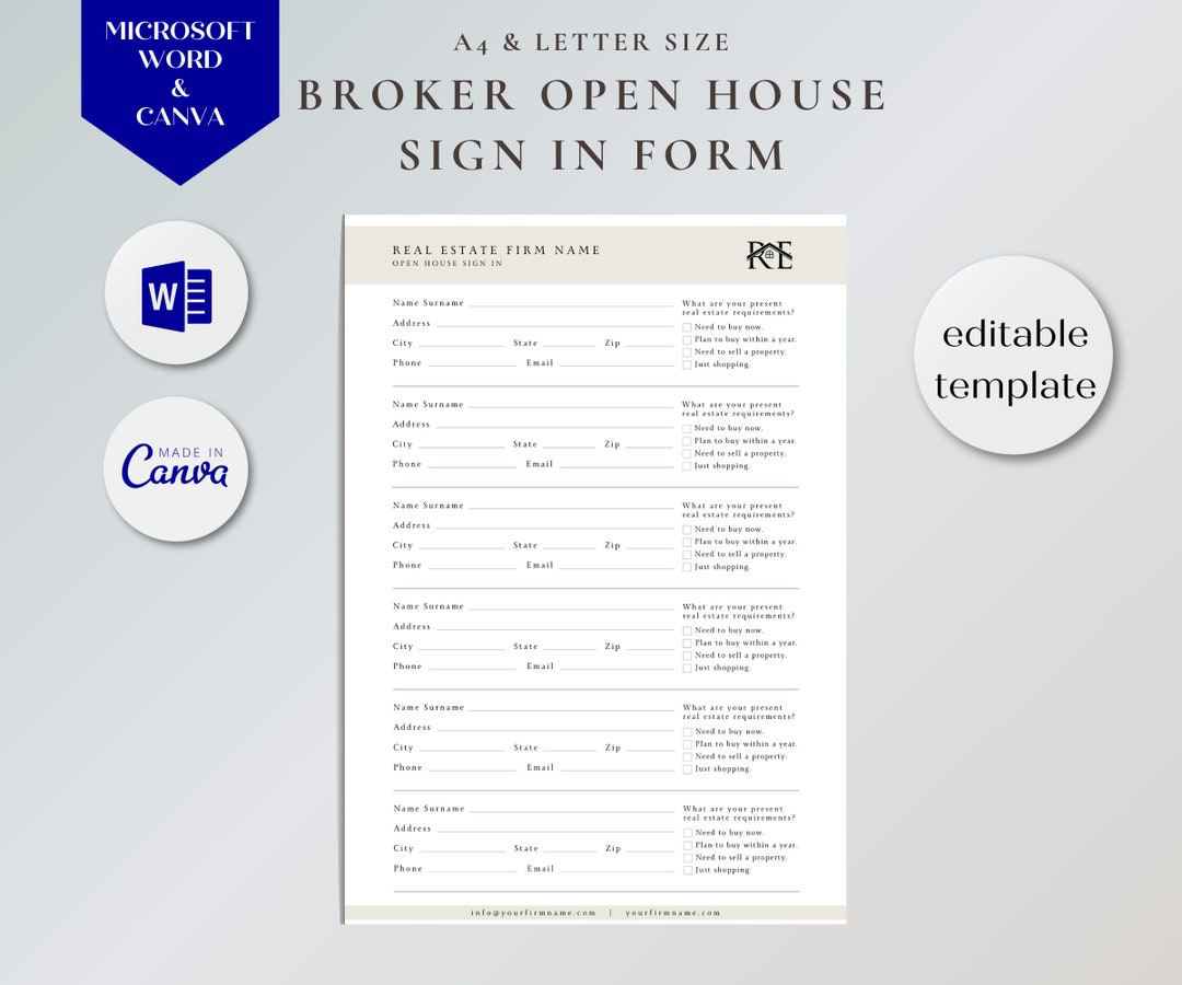 Open House Sign-in Template | Real Estate Agent Canva & Word Form - Etsy