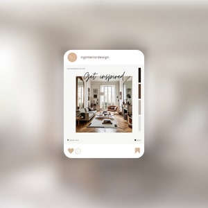 May include: An interior design post with a living room scene. The room features a sofa, armchair, coffee table, and a large mirror. The text "Get inspired" is displayed in elegant script. The post is branded with the name "nginteriordesign".