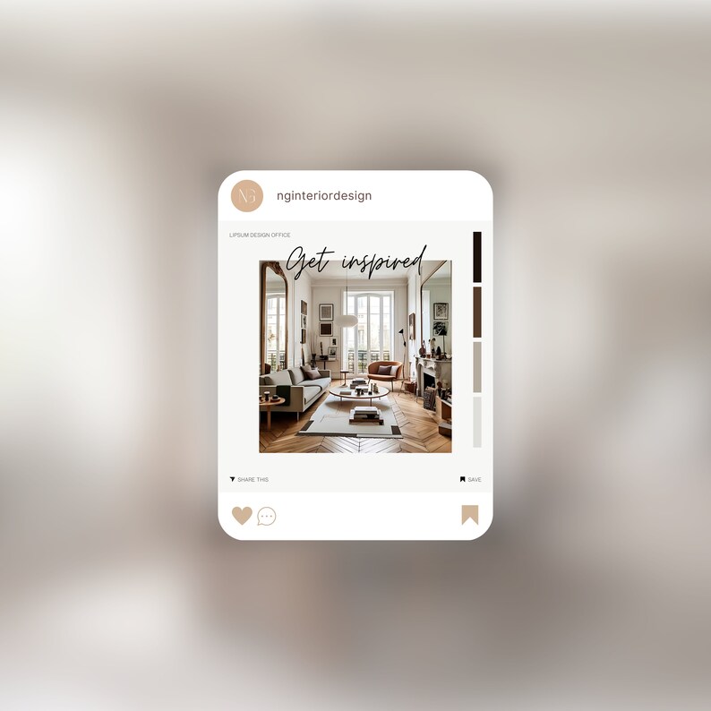 May include: An interior design post with a living room scene. The room features a sofa, armchair, coffee table, and a large mirror. The text "Get inspired" is displayed in elegant script. The post is branded with the name "nginteriordesign".