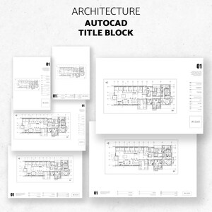 May include: A set of five black and white architectural floor plans with the title "ARCHITECTURE AUTOCAD TITLE BLOCK" at the top of the page. Each plan is labeled with the number "01" and includes a variety of rooms and spaces.