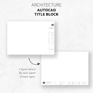 May include: Two different layouts for an AutoCAD title block. The title block includes the text "ARCHITECTURE AUTOCAD TITLE BLOCK" and the number "01".