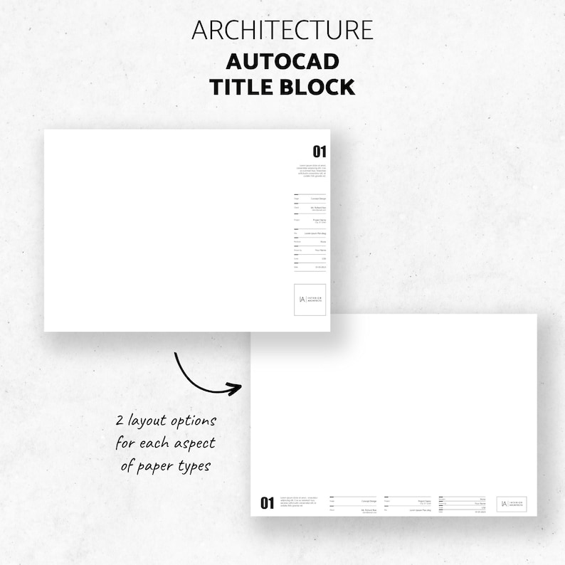 May include: Two different layouts for an AutoCAD title block. The title block includes the text "ARCHITECTURE AUTOCAD TITLE BLOCK" and the number "01".