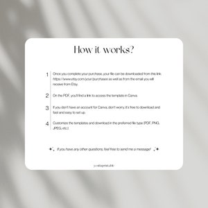 May include: A white card with the text "How it works?" in a black, elegant font. The card explains the steps to download a file after purchase, including accessing a Canva template. The card also includes the Etsy shop's URL.
