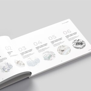 K&ouml;nnte beinhalten: Eine Doppelseite aus einer Brosch&uuml;re mit architektonischen Projektlayouts. Die Seiten sind wei&szlig; mit grauem Text und Illustrationen. Die Nummern 01 bis 06 sind sichtbar, zusammen mit Projektnamen und Seitenzahlen. Das Buch ist abgewinkelt.