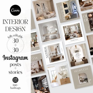 Op de afbeelding: Een verzameling van 30 Instagram-berichten en 30 Instagram-verhalen voor interieurontwerp. De afbeeldingen tonen verschillende kamers met natuurlijk licht, neutrale kleuren en modern meubilair. De tekst "MADE IN Canva" staat linksboven. De tekst "INTERIOR DESIGN" staat boven in het midden. De tekst "fully editable" staat links in het midden. De tekst "30 + 30" staat links in het midden. De tekst "Instagram posts + stories" staat links in het midden. De tekst "160+ hashtags" staat linksonder. De tekst "NATURAL" staat in het midden van de afbeelding. De tekst "INSPIRATION" staat rechts in het midden. De tekst "BEDROOM" staat rechtsonder. De tekst "OFFIC DESIGN" staat rechtsboven.