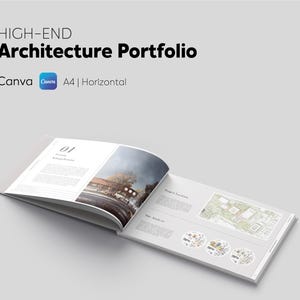 Puede incluir: Un portafolio de arquitectura abierto con el texto "HIGH-END Architecture Portfolio" y "Canva A4 | Horizontal". El portafolio muestra representaciones arquitectónicas y diagramas de análisis de sitio en sus páginas.