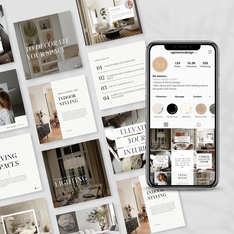 May include: A collection of interior design inspiration posts, including a phone displaying an Instagram profile. The posts feature text like "To Decorate Your Space" and "Indoor Styling." The color palette is neutral with beige and white tones.