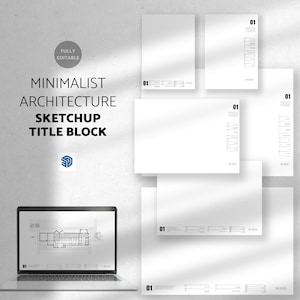 Op de afbeelding: Een minimalistische architectonische titelblok sjabloon voor SketchUp. De sjabloon heeft een witte achtergrond met zwarte tekst en lijnen. De tekst bevat "01", "A1", "2023" en "SKETCHUP TITLE BLOCK".