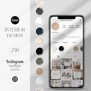 May include: A smartphone mockup displaying an Instagram profile for an interior design business called "nginteriordesign". The profile features a grid of images of various rooms, including a living room, kitchen, and bedroom. The profile also includes information about the business, such as the number of posts, followers, and following. The profile is decorated with a series of round, black and white icons with gold text.