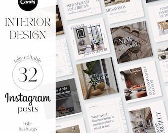 May include: A collection of 32 fully editable Instagram posts for interior design, featuring various design themes and questions. The posts include text such as "Elevate your interior" and "Express yourself in color."