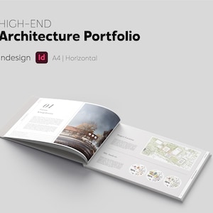 May include: An open, horizontal architecture portfolio with the title "HIGH-END Architecture Portfolio" in black text. The portfolio is open to a spread with architectural renderings and diagrams. The InDesign logo and "A4 | Horizontal" are also visible.