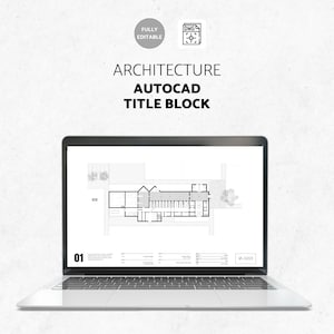 May include: A laptop computer displaying a floor plan of a building. The screen shows a black and white architectural drawing with the text "01" in the bottom left corner. The title "ARCHITECTURE AUTOCAD TITLE BLOCK" is displayed at the top of the screen.