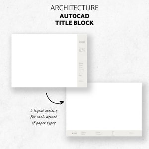 May include: Two white AutoCAD title blocks with the text "ARCHITECTURE AUTOCAD TITLE BLOCK" at the top. The title blocks are on a gray textured background. The text "2 layout options for each aspect of paper types" is written in black below the title blocks.