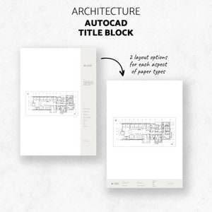 May include: Two black and white architectural floor plans with title blocks labeled "A" and "A1". The title blocks include the text "Architecture AutoCAD Title Block". An arrow points to the title blocks with the text "2 layout options for each aspect of paper types".
