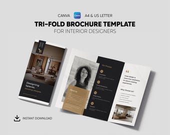 Interior Design Tri-Fold Brochure Template for Canva, Interior Architect Company Profile, A4 & US Letter Brochure