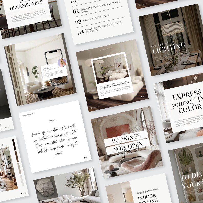 May include: A collection of interior design-themed social media posts. The posts feature text overlays with phrases like "Dreamscapes," "Lighting," and "Bookings Now Open." Images showcase modern interior design elements, including furniture and decor.