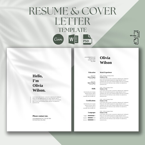Two Column Cover Letter 2 & 3 Page Modern Resume Template + Matching