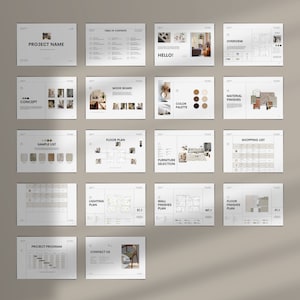 May include: A set of 16 pages for an interior design project proposal. The pages include a table of contents, mood board, floor plan, furniture selection, color palette, material finishes, shopping list, lighting plan, wall finishes plan, floor finishes plan, project program, and contact us.