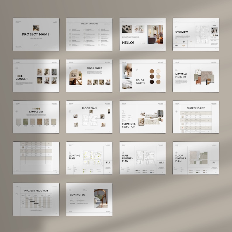 May include: A set of 16 pages for an interior design project proposal. The pages include a table of contents, mood board, floor plan, furniture selection, color palette, material finishes, shopping list, lighting plan, wall finishes plan, floor finishes plan, project program, and contact us.
