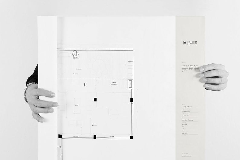 May include: Black and white blueprint of a floor plan with the text "Interior Architects" and the logo "LA" in the top right corner.