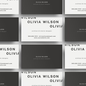 May include: A set of eight business cards with a black and white color scheme. The cards feature the name "Olivia Wilson" and the text "architect & interior designer". The phone number 303.222.1515 and email address oliviawilson@email.com are also included on the cards.