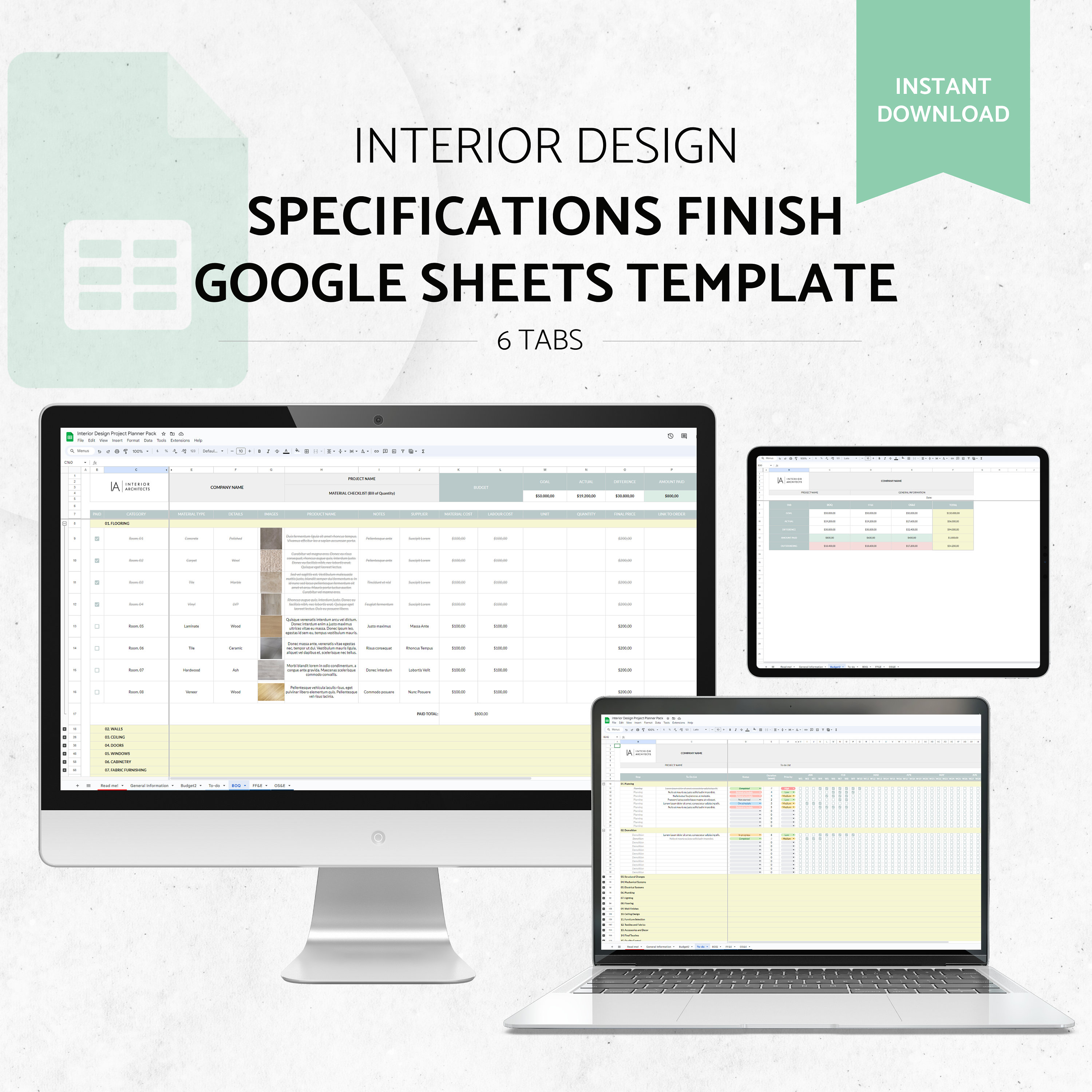 Interior Designer Project Template | FF&E Planner and Project Management Google Spreadsheet | Fixture and Finishes Organizer