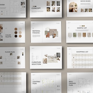 May include: A set of interior design plans for a home. The plans include a floor plan, furniture selection, lighting plan, wall finishes plan, material finishes, color palette, sample list, shopping list, and mood board.