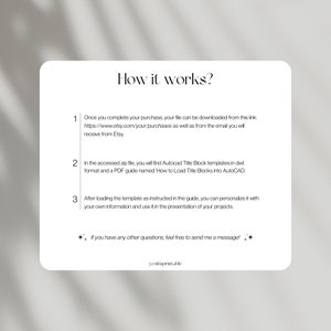 May include: A white background with black text explaining how to download and use AutoCAD Title Block templates. The text includes a link to the Etsy store and instructions on how to load the templates into AutoCAD.