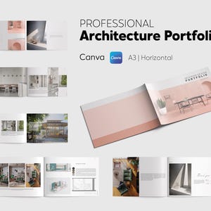 Puede incluir: Una plantilla de portafolio de arquitectura profesional diseñada para Canva. La plantilla es de tamaño A3 y es horizontal. La portada presenta un esquema de color rosa y blanco con el texto "Interior Design Portfolio" en un cuadro blanco.