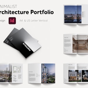 Peut inclure: Un portfolio d'architecture minimaliste réalisé dans InDesign avec une couverture noire et blanche sur laquelle est inscrit le mot "Portfolio". Le portfolio comprend des images de bâtiments et d'intérieurs modernes.
