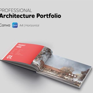 Puede incluir: Un portafolio de arquitectura abierto con una cubierta roja y una fotografía de un edificio. El texto "PROFESSIONAL Architecture Portfolio" está en la parte superior, con "Canva" y "A4 | Horizontal" debajo.