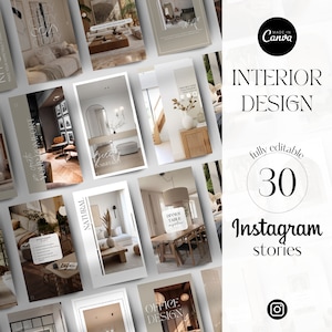 Op de afbeelding: Een set van 30 Instagram story-sjablonen voor interieurontwerpbureaus. De sjablonen hebben een neutrale kleurenpalet met beige, bruine en witte achtergronden. De sjablonen bevatten tekstoverlays met zinnen als "Uw comfort", "Natuurlijk", "Kantoorontwerp" en "Inspiratie voor de eettafel".