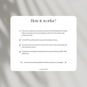 May include: A white background with black text explaining how to download and use a Canva template. The text includes the website address www.etsy.com/your/purchases and the words "Canva", "PDF", "PNG", "JPEG", and "Customize".