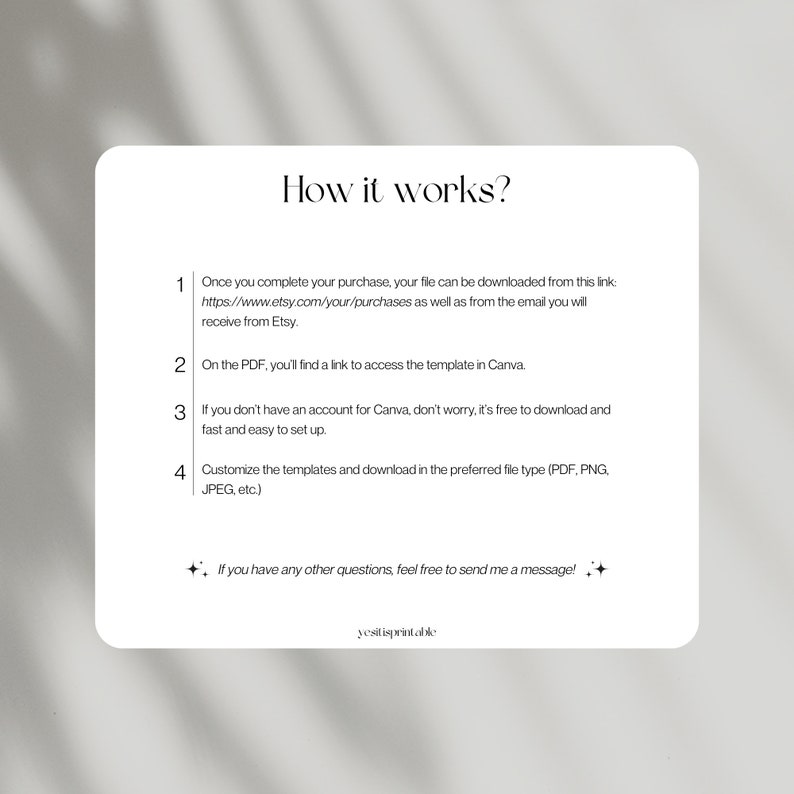 May include: A white background with black text explaining how to download and use a Canva template. The text includes the website address www.etsy.com/your/purchases and the words "Canva", "PDF", "PNG", "JPEG", and "Customize".