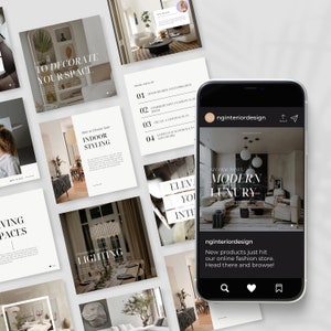 May include: A smartphone displays a modern interior design Instagram post with the handle "nginteriordesign." Surrounding the phone are various design-themed cards with text like "To Decorate Your Space" and "Indoor Styling." The overall aesthetic is minimalist and neutral.