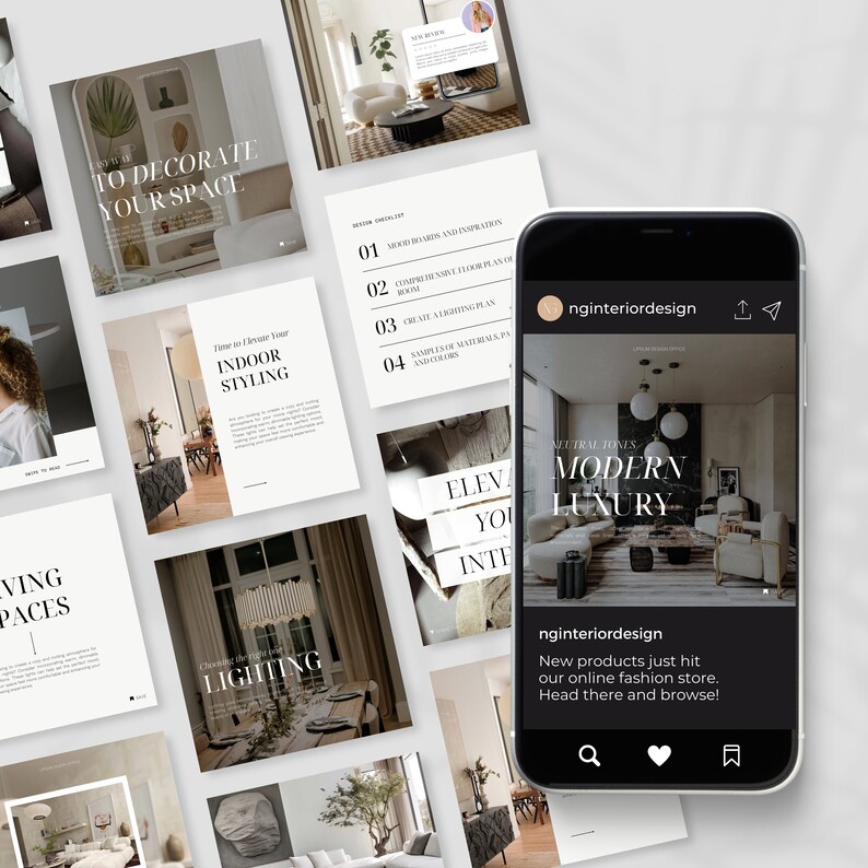 May include: A smartphone displays a modern interior design Instagram post with the handle "nginteriordesign." Surrounding the phone are various design-themed cards with text like "To Decorate Your Space" and "Indoor Styling." The overall aesthetic is minimalist and neutral.