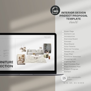 May include: A laptop screen displaying a mockup of an interior design project proposal template. The template includes sections for a cover page, content list, introduction, overview board, concept, mood board, color palette, material finishes, sample list, floor plan, furniture selection, shopping list, lighting plan, wall finishes plan, floor finishes plan, project program, and contact. The template is fully customizable and available in 16:9, A3, and A4 sizes.