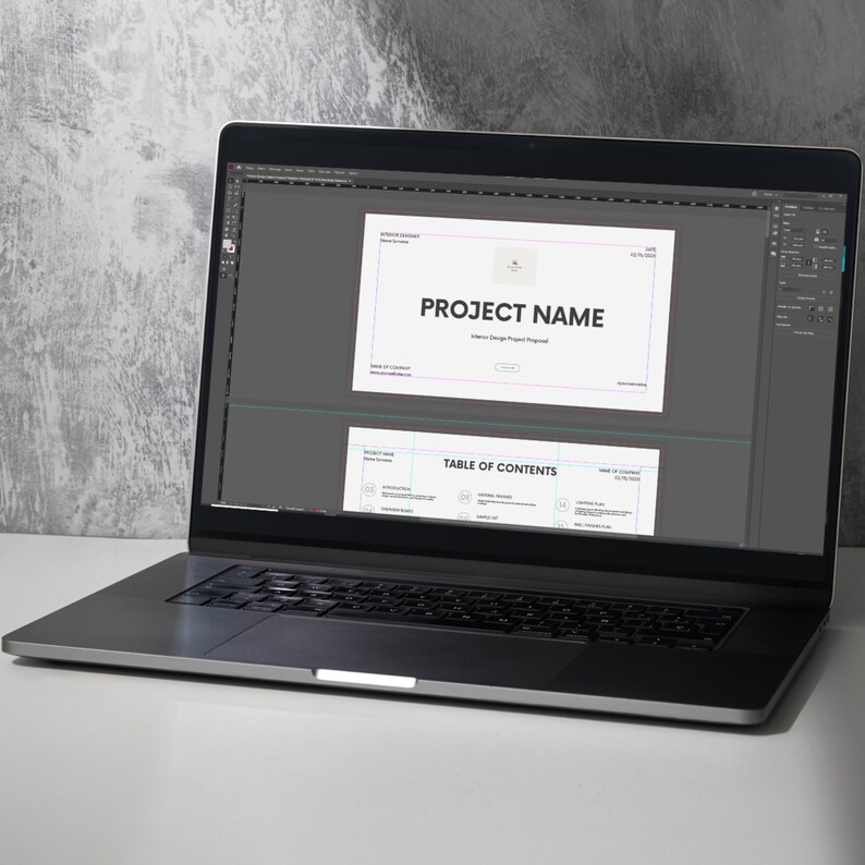 May include: A laptop computer screen displaying a presentation with the title "PROJECT NAME" and a "TABLE OF CONTENTS" section.