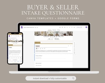 Paket med kundintagsformulär för fastigheter, frågeformulär för köpare och säljare, onboardingsystem för mäklare, Google Form + Canva-mall