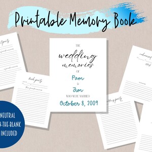 Puede incluir: Libro de recuerdos de boda imprimible con páginas para completar para registrar los recuerdos del día de la boda. La portada presenta el texto "The Wedding Memories of Pam & Jim Who Were Married October 8, 2009".