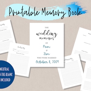May include: Printable memory book with a white background and black text. The title is "Printable Memory Book". The book is for a wedding and includes the names "Pam & Jim" and the date "October 8, 2009".