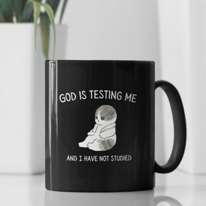 God Is Testing Me and I Have Not Studied Black Ceramic FUNNY COFFEE Printed MUG, Tea Party Favors Large Handle Kitchenware Mug for Gift