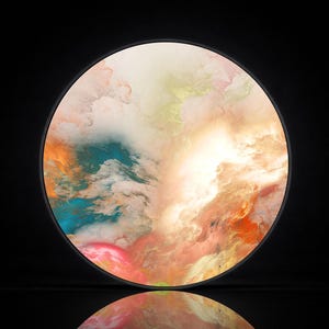 May include: Round wall art featuring an abstract cloudscape design. The artwork showcases a vibrant mix of colors, including orange, teal, pink, and white, creating a dynamic and visually appealing piece. The art is set against a black background.