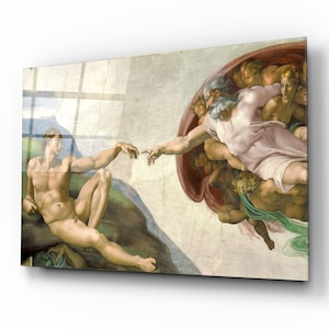 The Creation of Adam Glass Wall Art – Michelangelo Masterpiece on Tempered Glass – Famous Renaissance Religious Decor