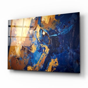Mega Size Glass Print Wall Arts For Big Wall-Tempered Glass Wall Art-Blue Gold Abstract Wall Art-Gold Marble Wall Art Gifts-