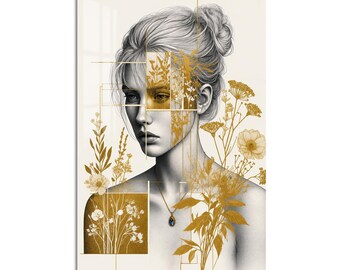 Woman with Gold Botanicals Tempered Glass Wall Art, Luxury Painted Wall Decor, Large Vertical Modern Art for Living Room